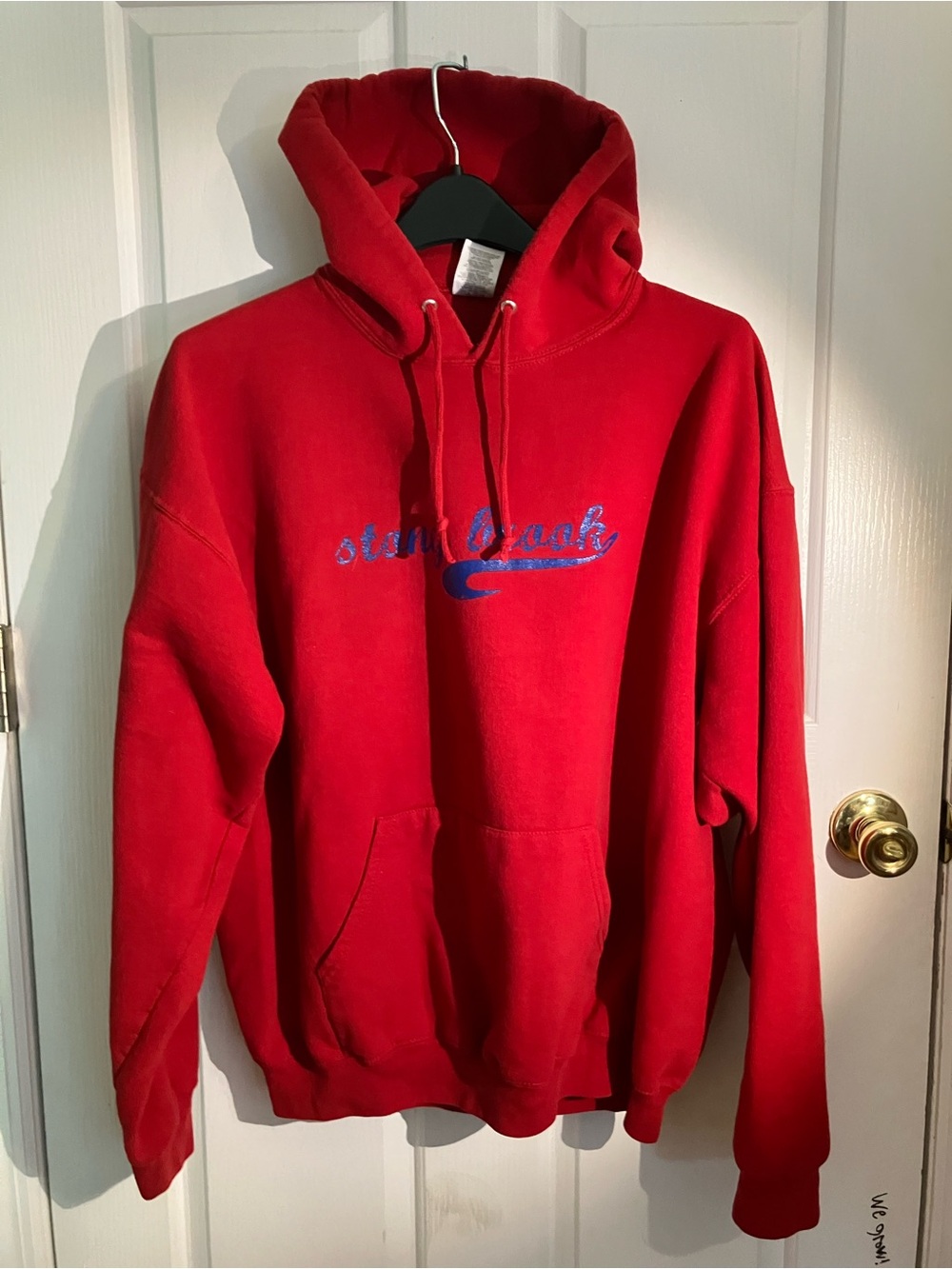 Jerzees Red Crewneck Hoodie with Blue Script
